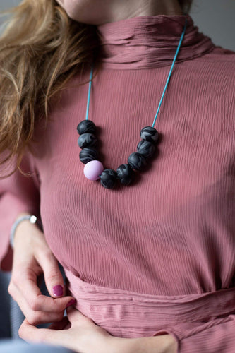 Nine Angels Pale pink & black clay bead necklace