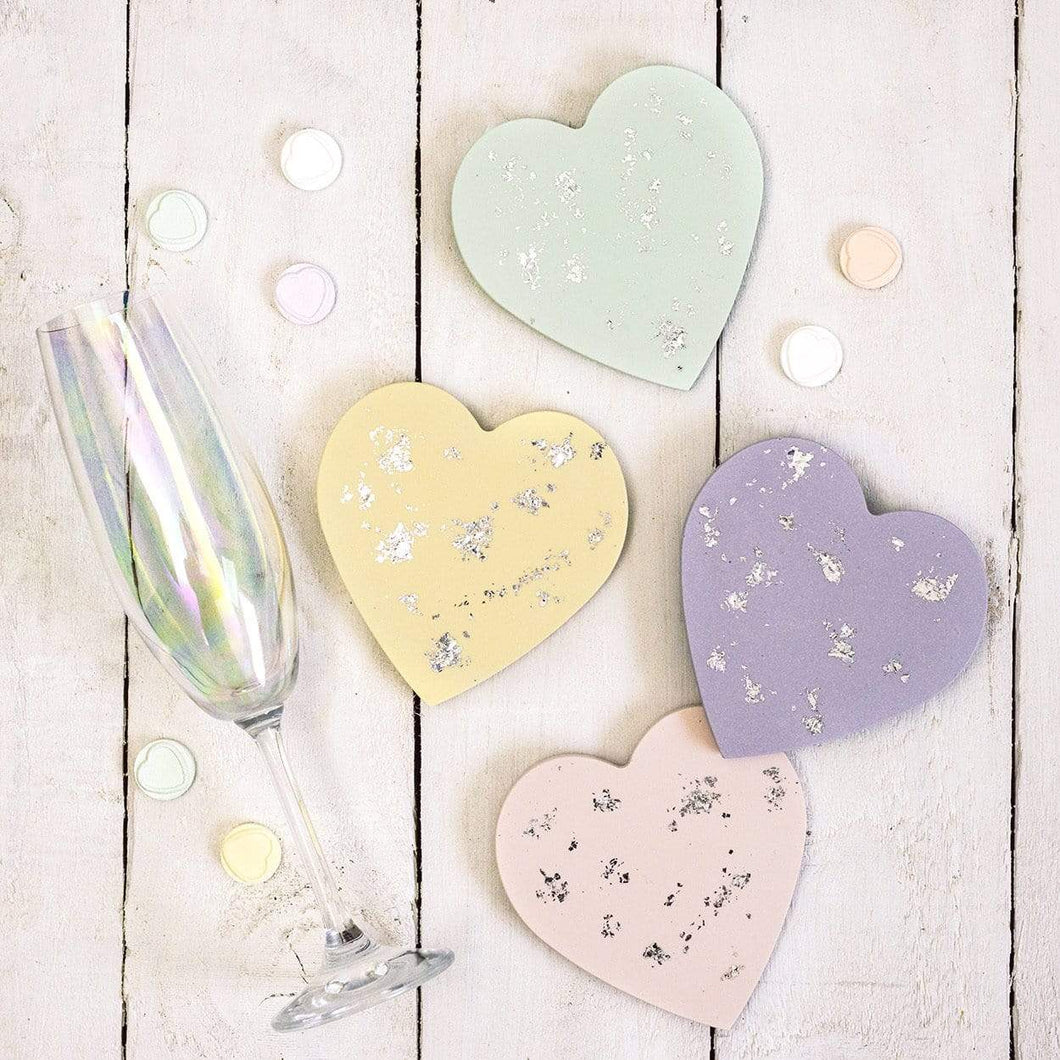 Nine Angels Pastel & silver leaf jesmonite heart coaster set of 4