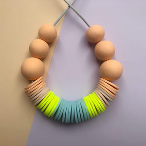 Nine Angels Peach, cream, ice blue and neon yellow statement necklace
