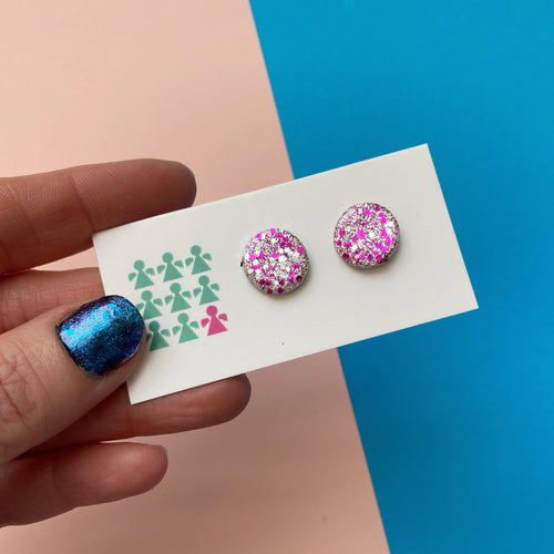 Nine Angels Silver/pink glittery stud earrings