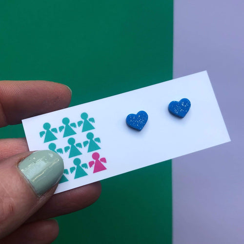 Nine Angels Tiny royal blue glitter heart earrings